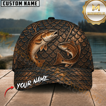 Maxcorners Fishing Bronze Scale Pattern Double Redfish Customized Name 3D Cap