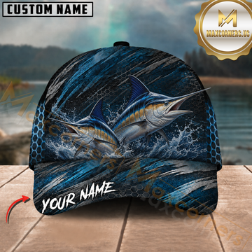 Maxcorners Fishing Double Marlin Blue Hexagon Wave Customized Name 3D Cap