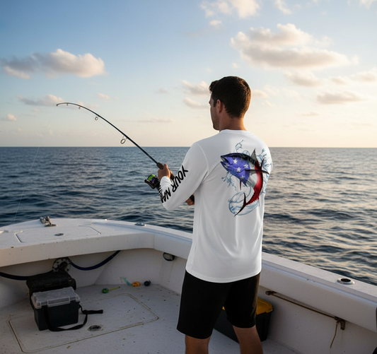 Maxcorners Tuna Fishing American Flag Custom performance Long Sleeve Fishing Shirts, Patriotic Fishing gifts - LM0501