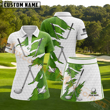 Maxcorners Green Grass Texture Golf Club Pattern Personalized Name 3D Golf Shirt and Skirt