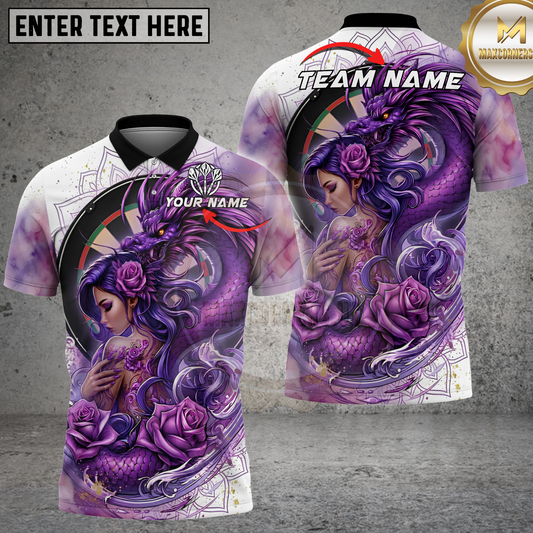 Maxcorners Darts Dragon Lady Rose Swirl Purple White Multicolor Options Personalized Name, Team Name 3D Shirt (4 Colors).