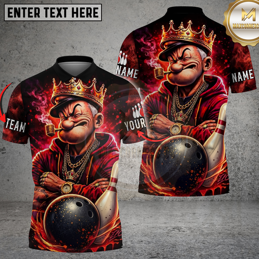 Maxcorners Bowling Cartoon King Popeye Gold Crown Black Red Flame Multicolor Options Personalized Name, Team Name 3D Shirt .