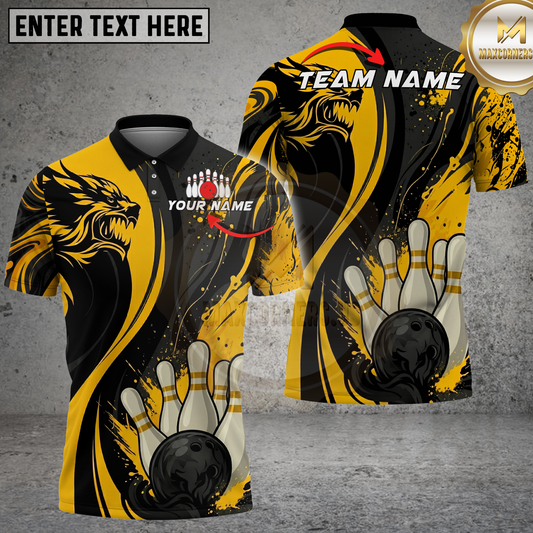 Maxcorners Bowling Lion Head Abstract Smoke Swirl Black Yellow Multicolor Options Personalized Name, Team Name 3D Shirt (4 Colors).