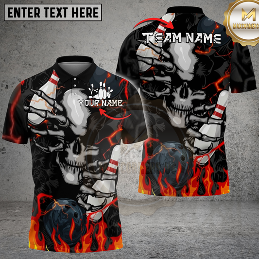 Maxcorners Flaming Skull Bowling Graphic Multicolor Options Personalized Name, Team Name 3D Shirt (4 Colors)