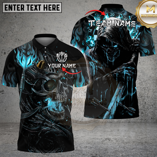 Maxcorners Grim Reaper Skull Blue Flame Dark Fantasy Design Multicolor Options Personalized Name, Team Name 3D Shirt (4 Colors)