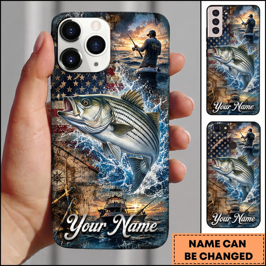 Maxcorners Fishing American Flag Sunset and Fishing Boat Design Personalized Name Phone Case (12 Fish Species)