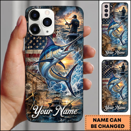 Maxcorners Fishing American Flag Sunset and Fishing Boat Design Personalized Name Phone Case (12 Fish Species)