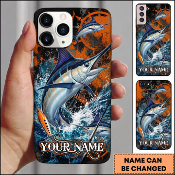 Maxcorners Fishing Orange Grunge and Fishing Rod Design Personalized Name Phone Case (12 Fish Species)