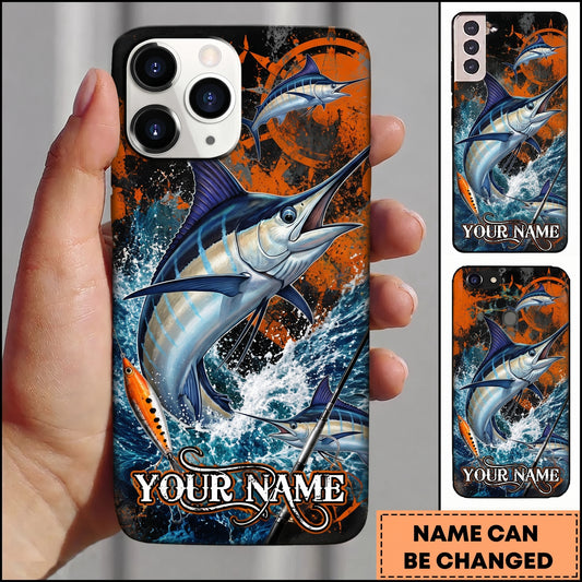 Maxcorners Fishing Orange Grunge and Fishing Rod Design Personalized Name Phone Case (12 Fish Species)