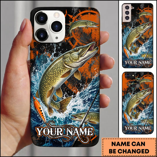 Maxcorners Fishing Orange Grunge and Fishing Rod Design Personalized Name Phone Case (12 Fish Species)