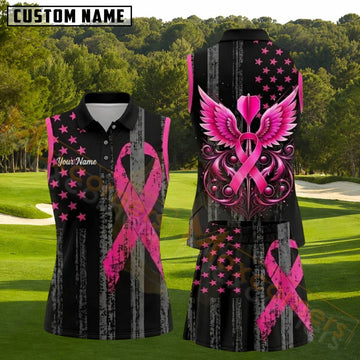 Maxcorners Black Pink Ribbon Angel Wings Golf Personalized Name 3D Golf Shirt and Golf Skirt