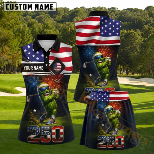 Maxcorners Funny Pickle Golfer Fireworks USA Flag Golf Personalized Name 3D Golf Shirt and Golf Skirt