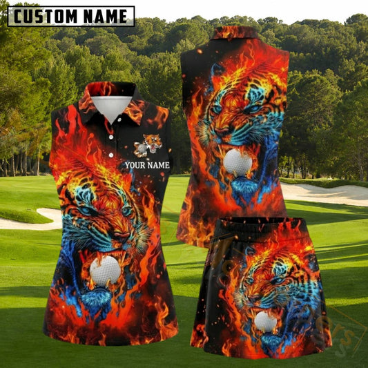 Maxcorners Flaming Tiger Biting Golf Ball Golf Personalized Name 3D Golf Shirt and Golf Skirt