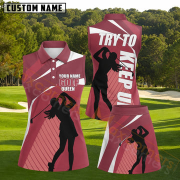 Maxcorners Burgundy Golf Queen Silhouette Golf Personalized Name 3D Golf Shirt and Golf Skirt