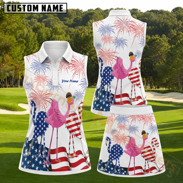 Maxcorners American Flag Fireworks Flamingos Golf Personalized Name 3D Golf Shirt and Golf Skirt