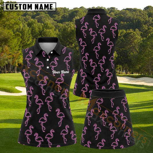 Maxcorners Neon Pink Flamingo Pattern Black Golf Personalized Name 3D Golf Shirt and Golf Skirt