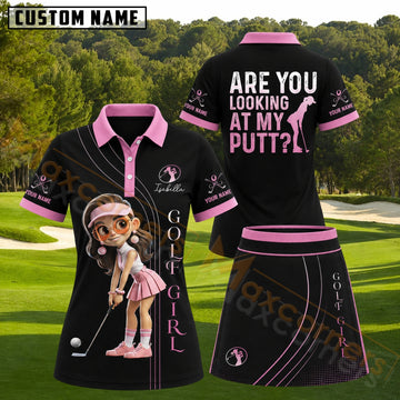 Maxcorners Black Pink Are You Looking At My Putt Personalized Name 3D Golf Shirt and Skirt