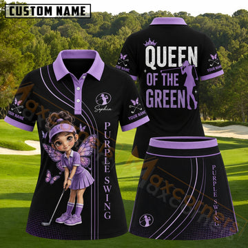 Maxcorners Black Purple Butterfly Girl Golfer Pattern Golf Personalized Name 3D Golf Shirt and Golf Skirt