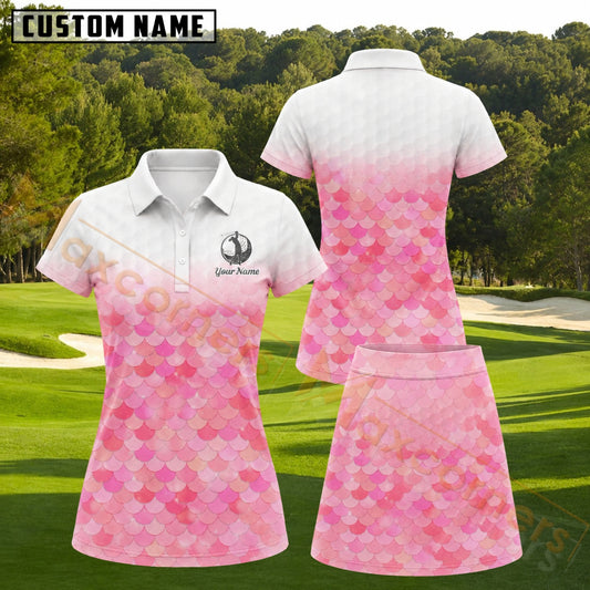 Maxcorners Pink White Mermaid Scale Pattern Golf Personalized Name 3D Golf Shirt and Golf Skirt