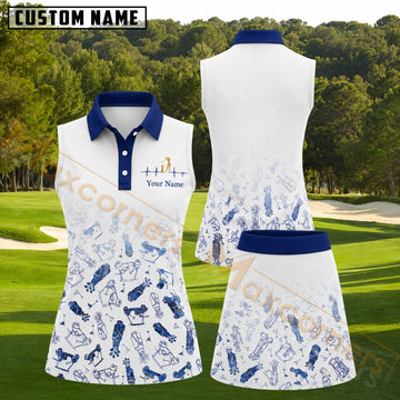 Maxcorners Blue White Golf Gear Heartbeat Pattern Golf Personalized Name 3D Golf Shirt and Golf Skirt