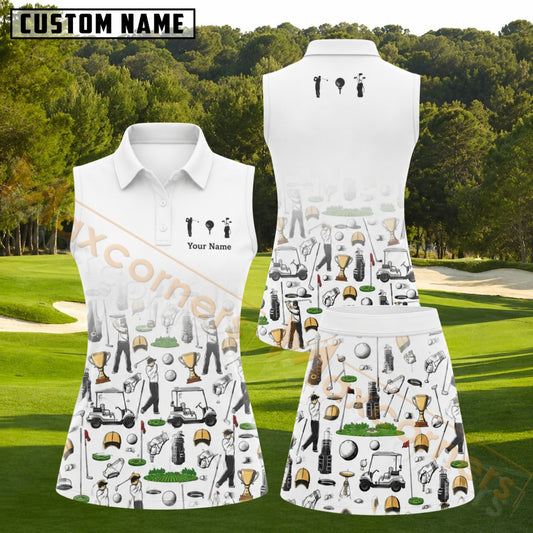 Maxcorners White Black Gold Golf Equipment Pattern Golf Personalized Name 3D Golf Shirt and Golf Skirt