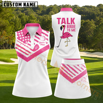 Maxcorners White Pink Flamingo American Flag Golf Personalized Name 3D Golf Shirt and Golf Skirt