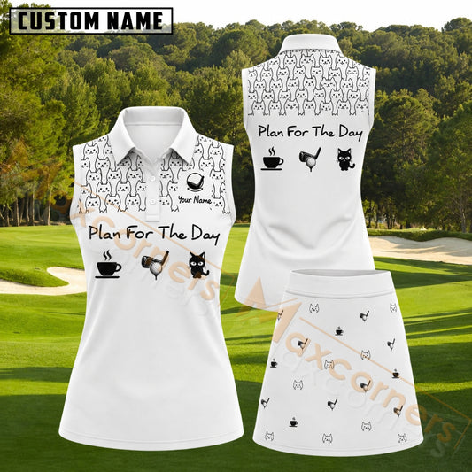 Maxcorners White Black Cat Coffee Golf Pattern Golf Personalized Name 3D Golf Shirt and Golf Skirt