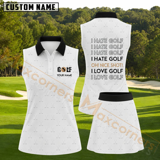Maxcorners White Black Crossed Golf Clubs Pattern Golf Personalized Name 3D Golf Shirt and Golf Skirt