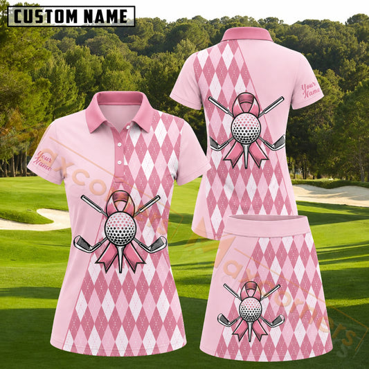 Maxcorners Pink Argyle Golf Ribbon Golf Personalized Name 3D Golf Shirt and Golf Skirt