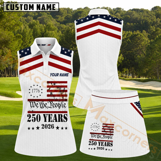 Maxcorners Patriotic White USA Flag 250 Years Personalized Name 3D Golf Shirt and Golf Skirt