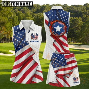 Maxcorners American Flag Flaming Golf Ball Golf Personalized Name 3D Golf Shirt and Golf Skirt