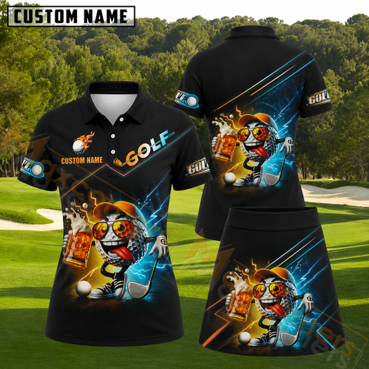 Maxcorners Beer Lover Golf Ball Character With Sunglasses Black Blue Orange Personalized Name 3D Golf Shirt and Golf Skirt
