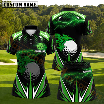 Maxcorners Green Lightning Golf Ball Personalized Name 3D Golf Shirt and Golf Skirt