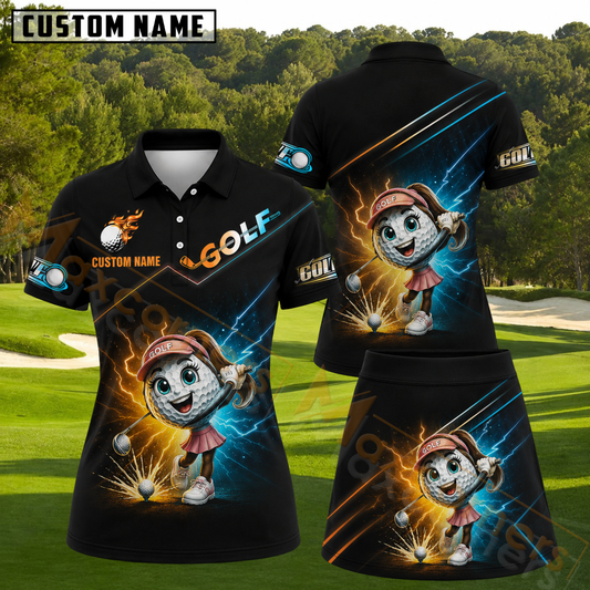 Maxcorners Cartoon Lady Golf Ball Character Powerful Swing Black Personalized Name 3D Golf Shirt and Golf Skirt