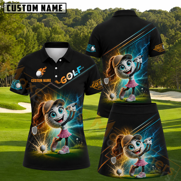 Maxcorners Dynamic Electric Power Girl Golfer Graphic Blue Orange Personalized Name 3D Golf Shirt and Golf Skirt