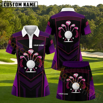 Maxcorners Purple Pink Golf Clubs Emblem Personalized Name 3D Golf Shirt and Golf Skirt