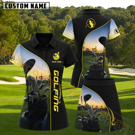 Maxcorners Scenic Sunset Golf Course And Clubs Silhouette Black Personalized Name 3D Golf Shirt and Golf Skirt