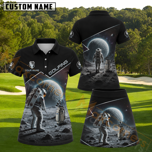 Maxcorners Astronaut Playing Golf On The Moon Space Theme Black Personalized Name 3D Golf Shirt and Golf Skirt