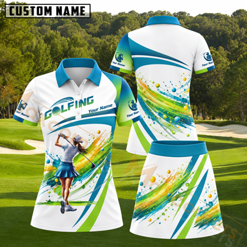 Maxcorners Watercolor Splatter Lady Golfer Swing Teal Green White Personalized Name 3D Golf Shirt and Golf Skirt