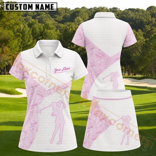 Maxcorners Pink White Female Golfer Golf Cart Pattern Personalized Name 3D Golf Shirt and Golf Skirt