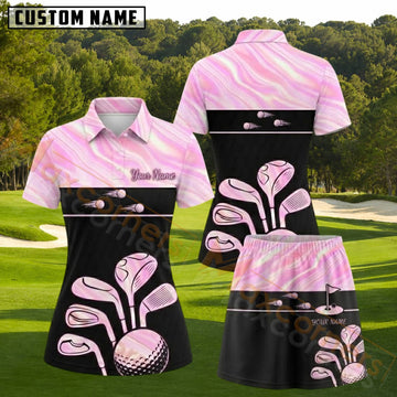 Maxcorners Pink Marble Golf Clubs Personalized Name 3D Golf Shirt and Golf Skirt