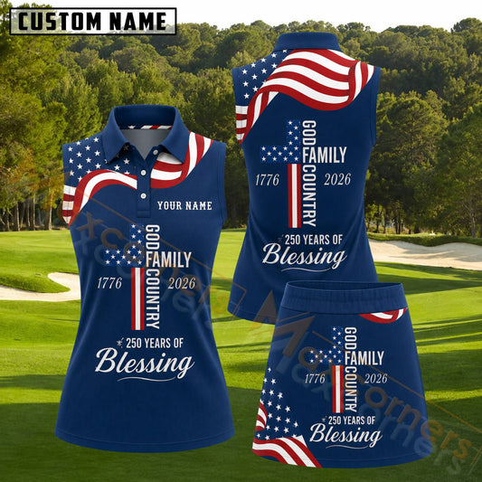 Maxcorners God Family Country Patriotic Christian Personalized Name 3D Golf Shirt and Golf Skirt