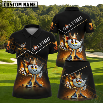 Maxcorners Royal Golf Club Head In Crown Fire Sparks Graphic Black Personalized Name 3D Golf Shirt and Golf Skirt