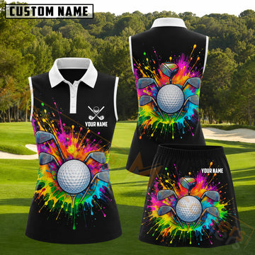 Maxcorners Colorful Paint Splash Golf Ball and Clubs Personalized Name 3D Golf Shirt and Golf Skirt