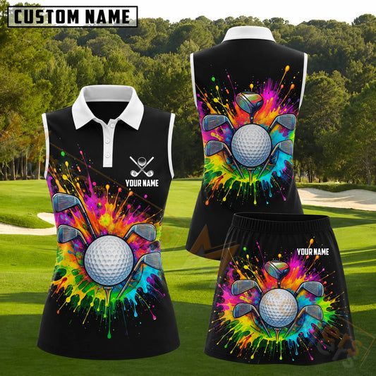 Maxcorners Colorful Paint Splash Golf Ball and Clubs Personalized Name 3D Golf Shirt and Golf Skirt
