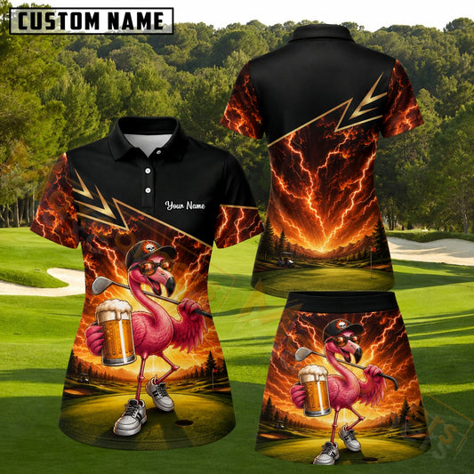 Maxcorners Black Orange Lightning Flamingo Golfer Beer Personalized Name 3D Golf Shirt and Golf Skirt