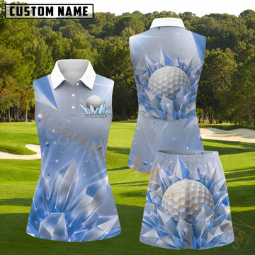 Maxcorners Icy Blue Crystal Golf Ball Personalized Name 3D Golf Shirt and Golf Skirt
