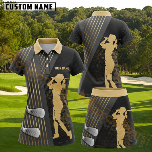 Maxcorners Black Gold Female Golfer Silhouette Golf Club Personalized Name 3D Golf Shirt and Golf Skirt