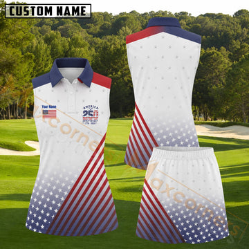 Maxcorners American 250th Anniversary Red White Blue Stars and Stripes Personalized Name 3D Golf Shirt and Golf Skirt