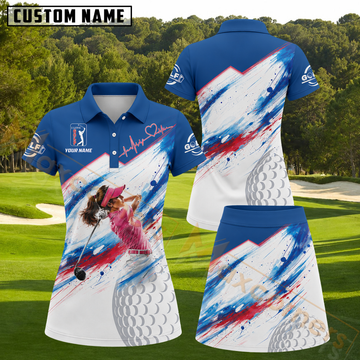 Maxcorners Artistic Watercolor Splatter Golfer Girl Royal Blue Red Personalized Name 3D Golf Shirt and Golf Skirt